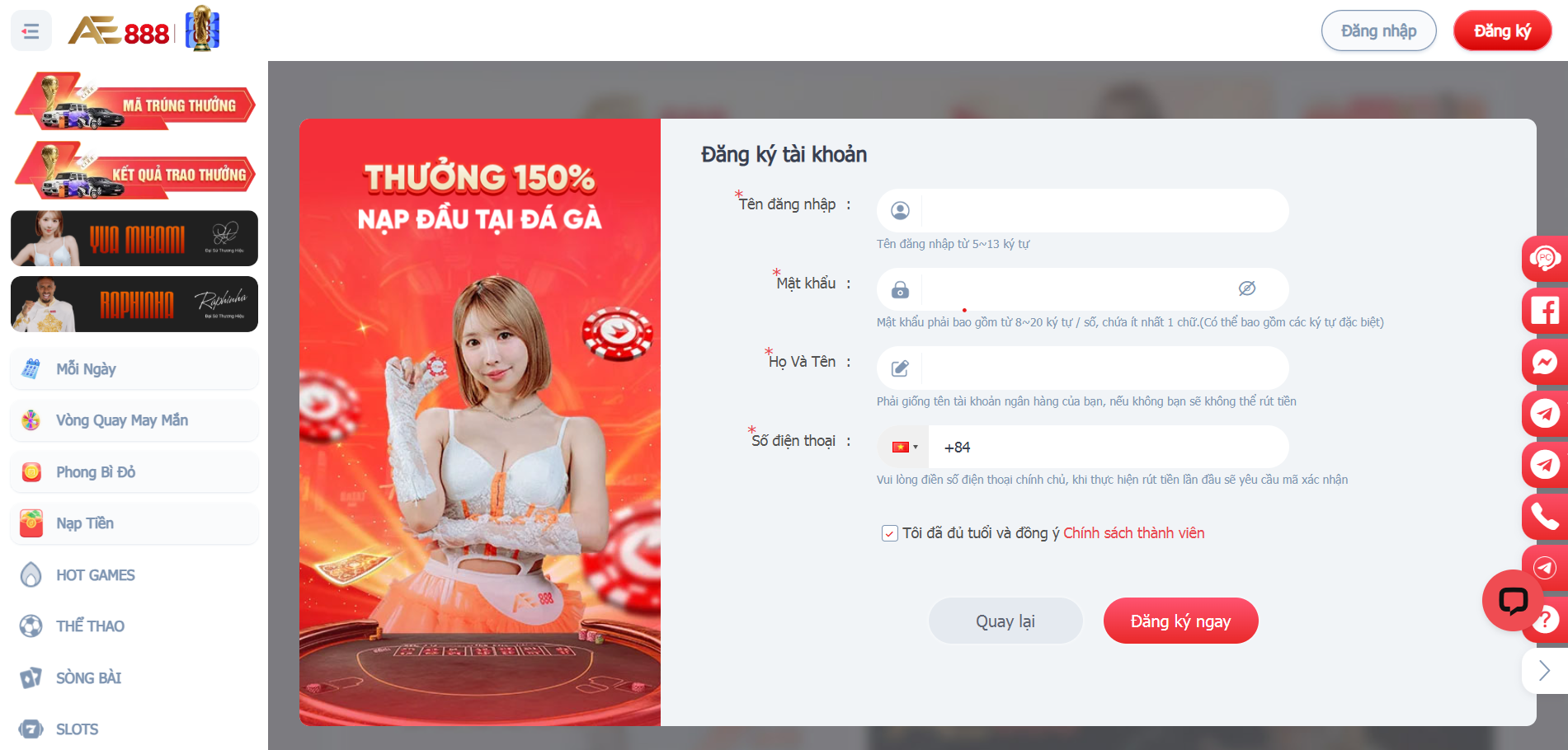 Đăng Ký AE888 - Hướng Dẫn Nhận Code Tân Thủ Miễn Phí 2026 3 Điền thông tin cá nhân vào biểu mẫu đăng ký AE888