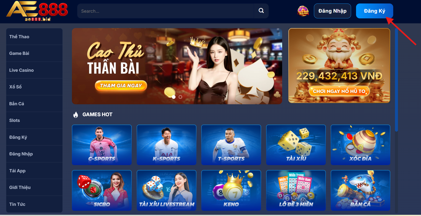 Đăng Ký AE888 - Hướng Dẫn Nhận Code Tân Thủ Miễn Phí 2026 2 Click biểu tượng Đăng ký màu xanh ở góc phải màn hình