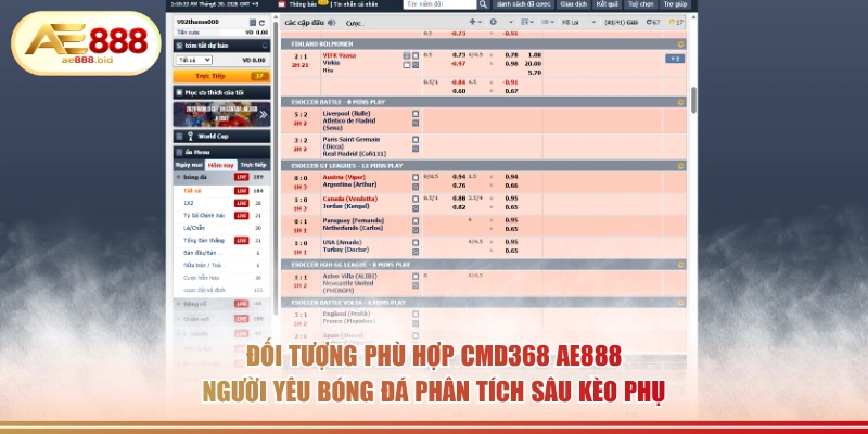 Đánh Giá Sảnh Thể Thao CMD368 AE888 Chi Tiết Nhất 4 Đối tượng phù hợp CMD368 AE888 người yêu bóng đá phân tích sâu kèo phụ.